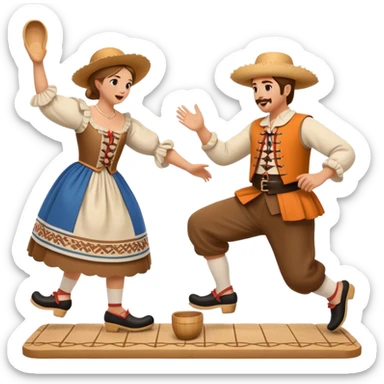 Cinematic Realistic scene of two performers executing the Klompendans, dressed in traditional Dutch costumes complete with wooden clogs and detailed folk patterns, captured in lively motion with soft, natural lighting sticker