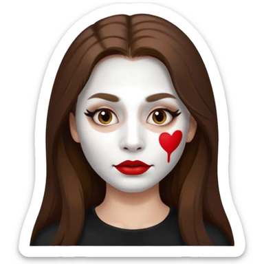 person with long brown hair, white face paint, red lipstick and a mole on right cheek sticker