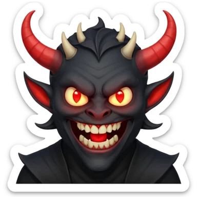 “Scary demon emoji, evil human-like laugh, black clothes, big curved horns, glowing red eyes, upper body visible till chest, dark mood, high detail, emoji style, clean background” sticker