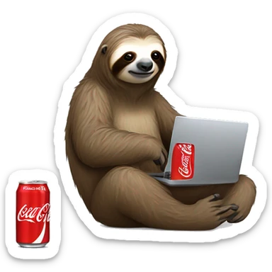 tired sloth with coca cola can and laptop sticker