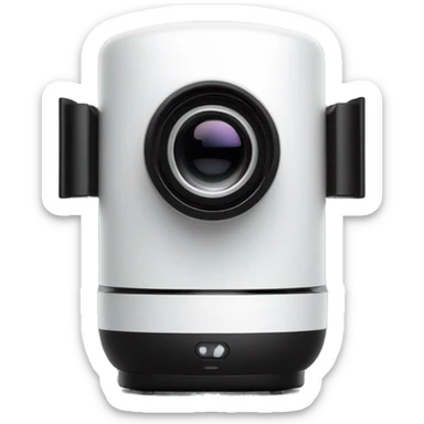 A sleek, modern white portable projector with a cylindrical body, black front lens, and a U-shaped stand for angle adjustment. Minimalist and futuristic design. sticker