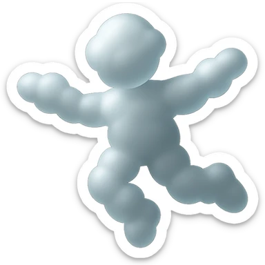 flying person with body and limbs made of small white fluffy clouds, matte glass style, minimalism sticker