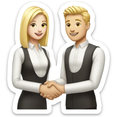 restaurant owner with white skin and blogger with white skin and blonde hair shaking hands in full height sticker