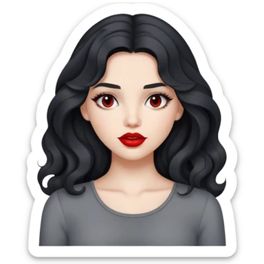 a fair girl with black long wavy hair(not curly) wearing a gray skims top and red lipstick sticker