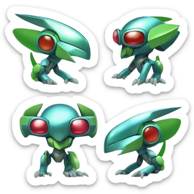 a shiny metallic Genesect-Flygon-Raptor-Fakémon-Medabot-hybrid with a futuristic visor-helmet full body sticker