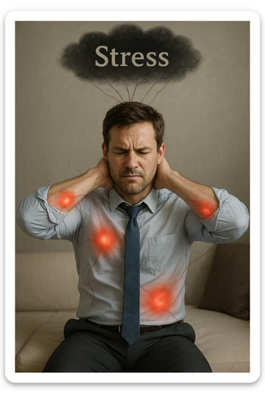 Uomo tra i 30 e i 40 anni in abiti da ufficio, seduto su una sedia o sul letto, con mani sul collo o sulla testa, visibilmente stressato. Attorno al corpo si vedono aree evidenziate di dolore (spalle, stomaco, schiena) rappresentate da leggere sfumature rosse o pulsanti. Sopra la sua testa, una nuvola scura con la parola 'Stress' scritta dentro, collegata al corpo con fili o nervi tesi. L'espressione dell’uomo è di frustrazione ma anche convinzione: crede che sia solo lo stress. Stile realistico con accenti simbolici psicofisici sticker