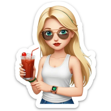girl with long blond pigtailed hair
with blue eyes
and aviator sunglasses
wearing white tank top 
holding bloody mary
wearing (rose gold apple watch with forest green band) sticker