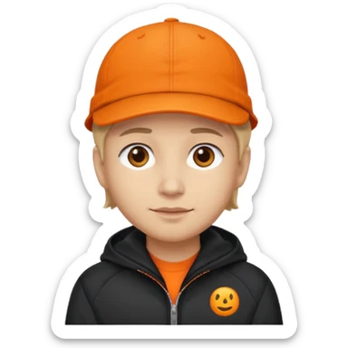 Kindly Keyin, Male YouTuber with orange cap, orange shirt, black jacket sticker