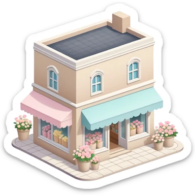 isometric exterior little beige and white shop with abundant pastel florals everywhere sticker