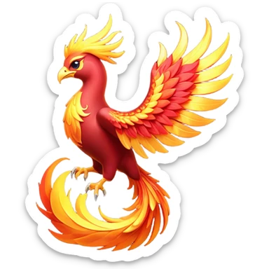 Cinematic Noble fierce & powerful Fire Phoenix Portrait Emoji, Poised and resplendent, with a radiant, fiery plumage in brilliant hues of scarlet, gold, and ember, featuring elongated, elegant tail feathers that flow like molten lava, and piercing, wise eyes reflecting the eternal cycle of rebirth; rendered with lifelike texture and luminous natural highlights, high shine, majestic and awe-inspiring, styled with an aura of mythic resurgence, focused and regal, soft glowing outline, capturing the essence of a legendary phoenix rising from the flames with timeless grace! sticker