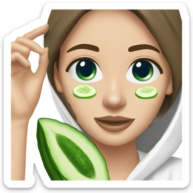 White girl with Brown hair and blue eyes wears a Green clay colored skincare textured mask and puts on cucumbers around her eyes while She relaxes in her white Robe sticker