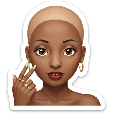 Grown black (proud) woman, bald with a perfect head, a prominent nose with a septum piercing, many piercings on her ears, a gap between her front teeth and very long nails (cynthia erivo) a proud lesbian, with long lashes and her finger tapping the top of her head sticker