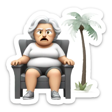 An angry old looking , short fat white lady with grey  hair , with a cigarette in her mouth ,sitting outside next to palm trees , on a grey small plastic chair sticker