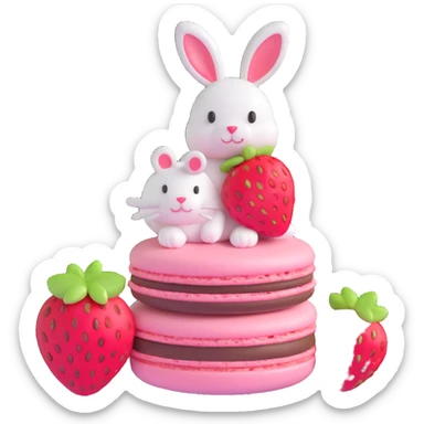 A 3D macaron with a strawberry on top and a bunny peeking out, vibrant colors sticker