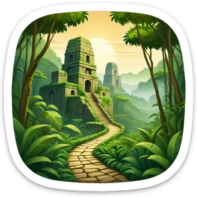 Icon for Adventure Movie: A vintage movie poster-style design with a jungle clearing path, dense foliage surrounding it. In the distance, ancient ruins peek through the trees. The atmosphere is mysterious and adventurous, with soft light cutting through the trees. Transparent background. sticker