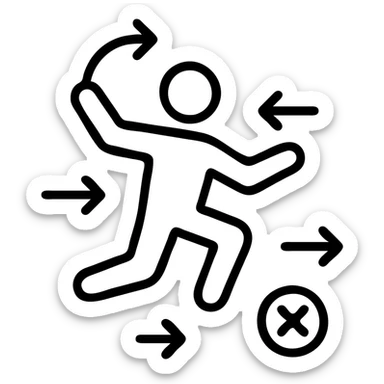 icon showing a dynamic figure jumping, multitasking with arrows pointing in various directions, sense of motion and organized chaos, playful and focused, planning concept sticker