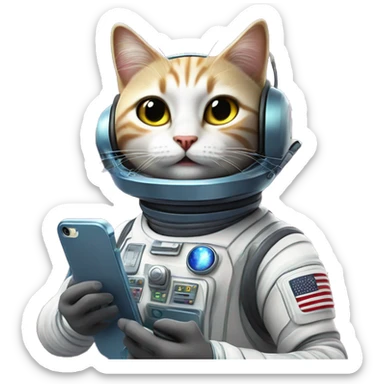 a space cat making a call with a cellphone, it wears space laser powered helmet and fancy space accessories  sticker