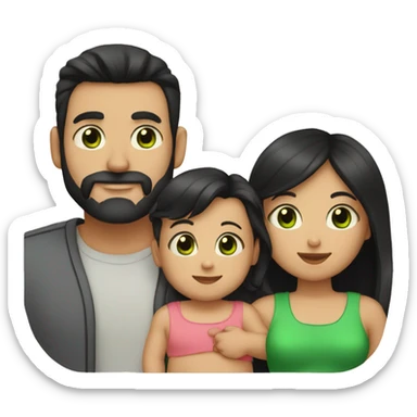 dad with black beard, white skin mom with long straight black hair and green eyes, and small baby with black hair sticker