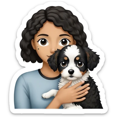 Person holding black and white jackapoo, dog had black ears and black circles around eyes sticker