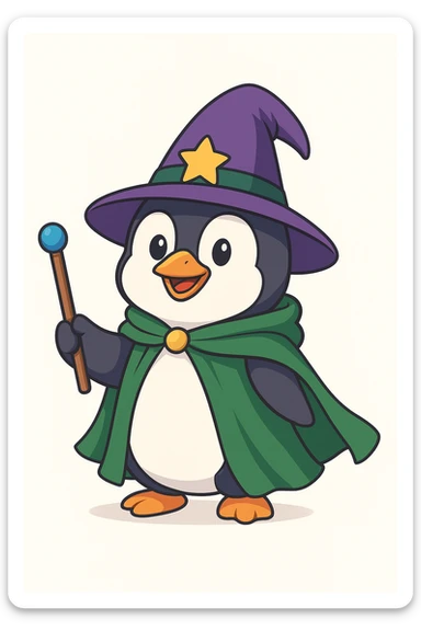 A penguin wizard with a pointy hat and a magic wand and a green cape sticker