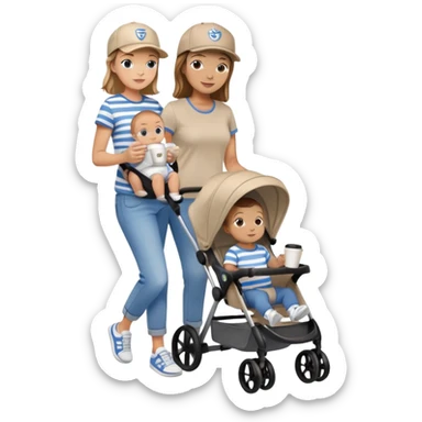 A mom with a brown stroller, a coffee cup attached to it. Inside, a 6-month-old baby boy with light brown hair and blue eyes. The mom is wearing a beige T-shirt and a matching beige cap. The baby is dressed in white sneakers, a white and blue striped T-shirt, and jeans sticker