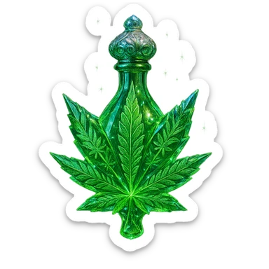 luxurious crystal elixir bottle in the shape of a cannabis leaf or with cannabis motifs, vibrant green color, ornate silver and iridescent details, very small neck, seamless bottom, magical glowing and sparkling effects, bottle clearly floating in air, no base or shadow, modern, collection style, transparent background sticker