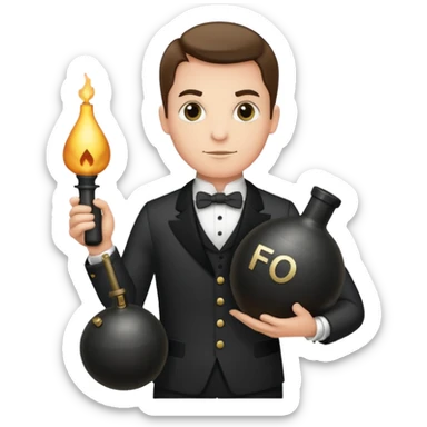 A butler holding an old-fashion bomb with the letters “FO” on the side sticker