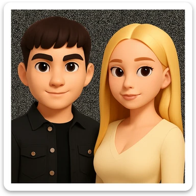Slightly increase the volume of the upper body of the girl, separate the girl and the boy from each other, make the skin color the same for both characters, while preserving the cartoonish 3D style as shown in the reference image. sticker