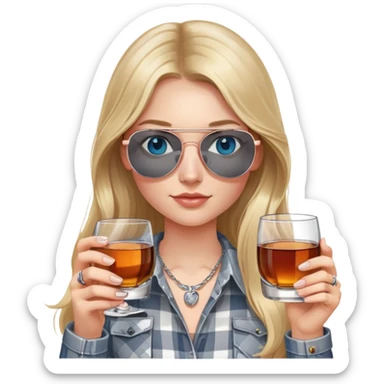 girl with long blond hair, wearing grey/white plaid shirt, with blue eyes and aviator sunglasses, wearing a ring on her silver necklace around her neck, holding a glass of whiskey, wearing rose gold apple watch sticker