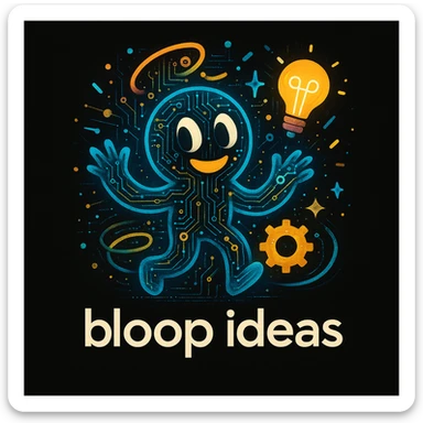 Add subtle tech details such as circuit patterns, digital dots, or glowing lines to the abstract mascot character. Maintain the playful, energetic, and imaginative vibe suitable for a black website background. Retain the bright, lively color palette and include the tagline 'bloop ideas'. sticker