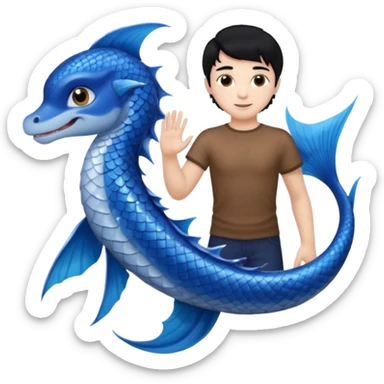 boy, black hair, brown eyes, white skin, Triton, with Triton in hand and blue Triton tail on the side. sticker