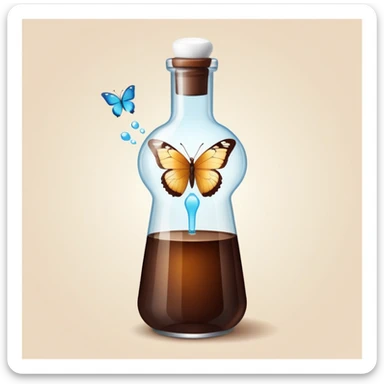 Small dark brown bottle with white cap floating next to a bright translucent butterfly-shaped thyroid icon, representing connection with metabolism and hormonal system sticker