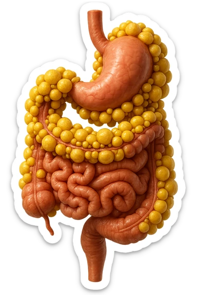 STOMACO E INTESTINO SONO VERTICALMENTE COLLEGATI E INTORNO A QUESTI ORGANI CI SONO CELLULE DI GRASSO GIALLE ATTACCATE SOPRA A GRAPPOLI, IPERREALISTICO 4K sticker