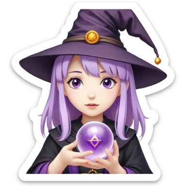 anime girl with lilac hair in a witch hat holding a fortune ball sticker