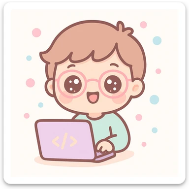 programmer, kawaii cartoon style, cute, big eyes, cheerful expression, coding on laptop sticker