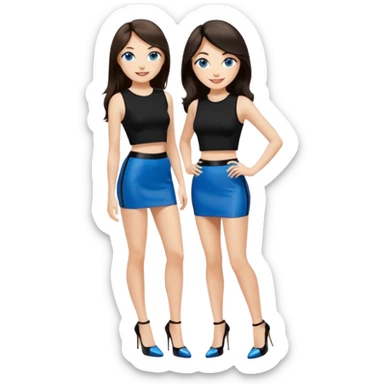 realist caucasian woman, long dark brown hair, blue eyes, black crop top, black tight mini skirt, high heel black patent louboutin, full body, emoji style, smiling expression sticker