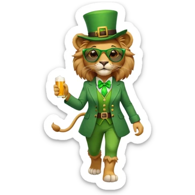 friendly anthropomorphised female lion dressed for St. Patrick's Day in green outfit with festive accessories, dark sunglasses, walking upright with confident stride sticker