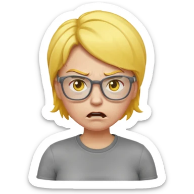 stylized angry mom emoji with yellow hair, glasses, gray shirt and pants, emoji-like expression sticker
