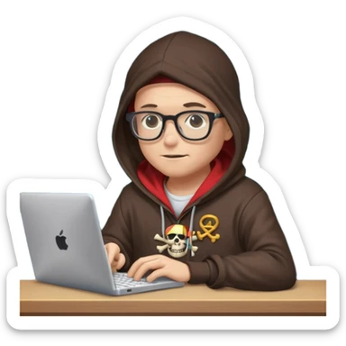 pirate with glasses and a hoodie, typing on a computer, surrounded by code, fun and quirky sticker