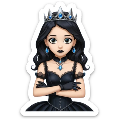Slim fitting seductively dressed, Holed and worn Lavish black evening gown with see-through wispy black gloves, holding arms-crossed pose witchy Jenna Ortega as student Addams woman wearing a steampunk style mini tiara, very large blue evil-looking horned old evil eyes  sticker