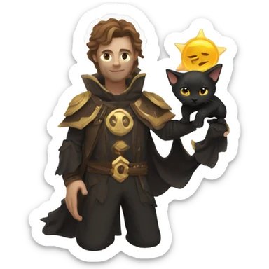 A sun warlock who is pale with brown hair and is holding a black kitten sticker