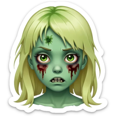 zombie girl with green skin, bruises, blonde long hair with bangs sticker