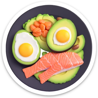 plate with typical keto foods: avocado, eggs, salmon, and nuts sticker