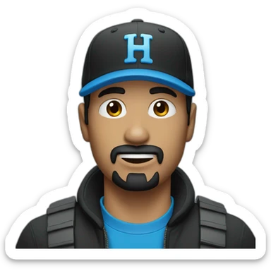 Black haired man with goatee, no mustache, black cap with blue H logo sticker
