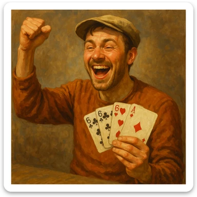 a durak card player, celebrating a win, cards in hand, cheerful sticker