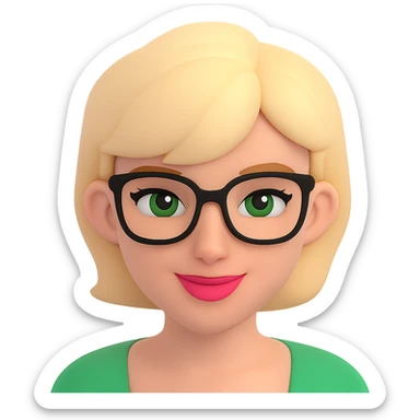 Add stylish glasses to the woman with thick blonde short hair and green eyes in a 3D emoji style. Keep the 3D emoji look consistent and remove the background. sticker