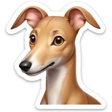 Cinematic Cute Fawn Greyhound Portrait Emoji, Head tilted playfully and inquisitively, featuring a sleek fawn Fur with a gentle sheen, round, sparkling eyes filled with curiosity, Simplified yet irresistibly adorable features, highly detailed, glowing with a warm, friendly glow, high shine, affectionate and nimble, stylized with a touch of whimsy, bright and endearing, soft glowing outline, capturing the essence of a mischievous yet loving racer, so playful it feels like it could sprint out of the screen and into your arms! sticker