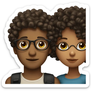 Curly haired boy with dark brown curls kissing a curly haired girl with black glasses sticker