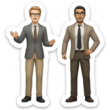 Full height Actively gesturing with hands Pale skinned black fit man with dark brown hair in gray jacket, beige office shirt, brown tie, brown pants and vintage glasses. sticker