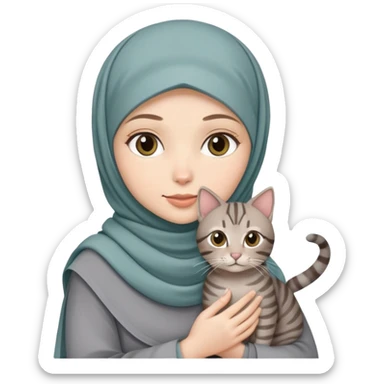 White girl wearing hijab holding a grey and tabby cat sticker